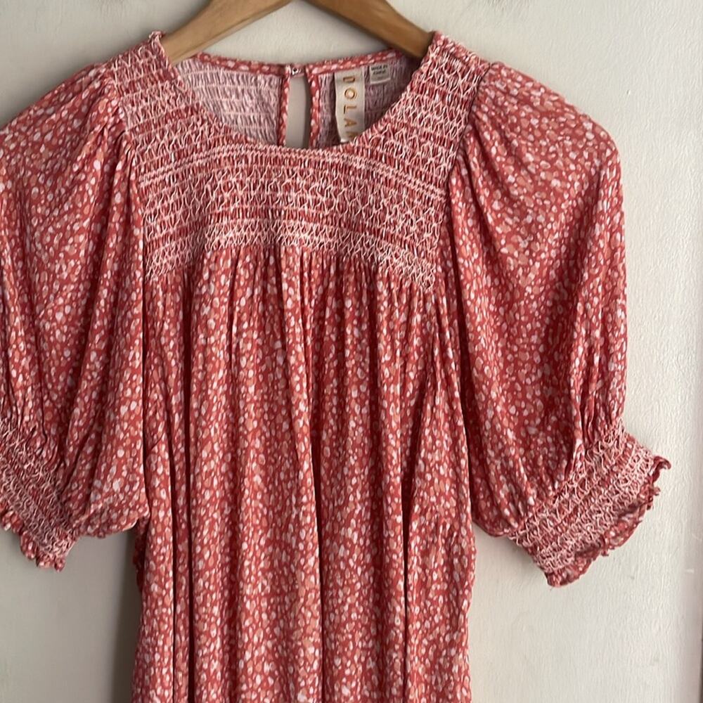 Anthropologie DOLAN Collection Rebecca Smocked Blouse Orange Motif - Picture 4 of 15